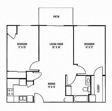 Floor plan for 2 beds, 1 bath, 908 sqft